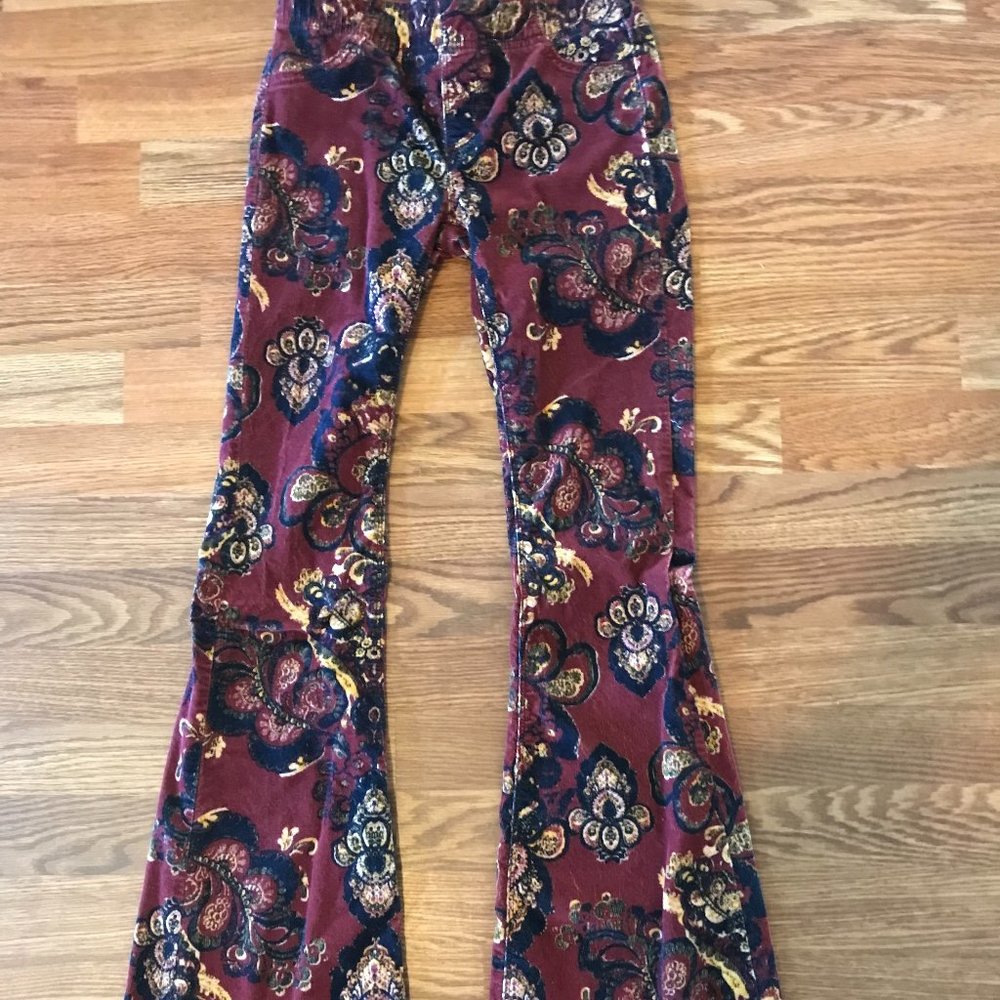 Free People corduroy plum paisley pull on flare jeans 25 waist 34 inseam